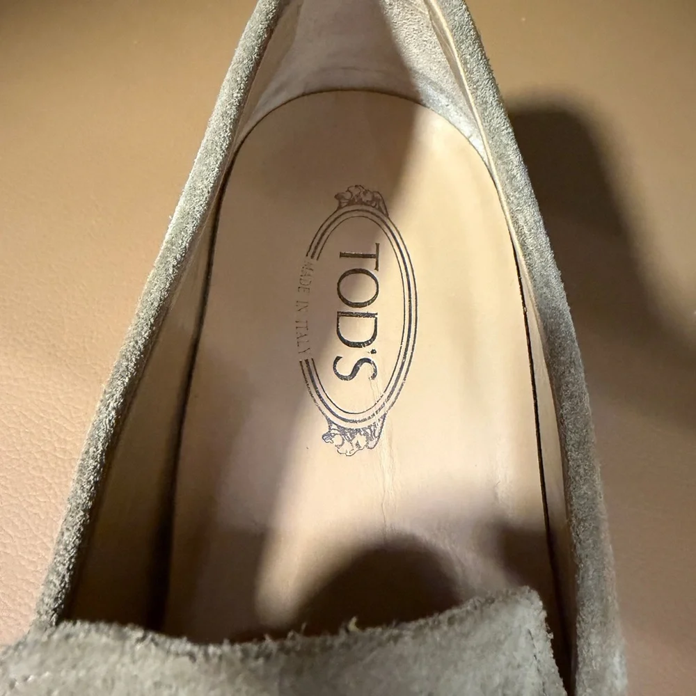 Tod's Taupe Suede Penny Loafers with White Rubber Sole